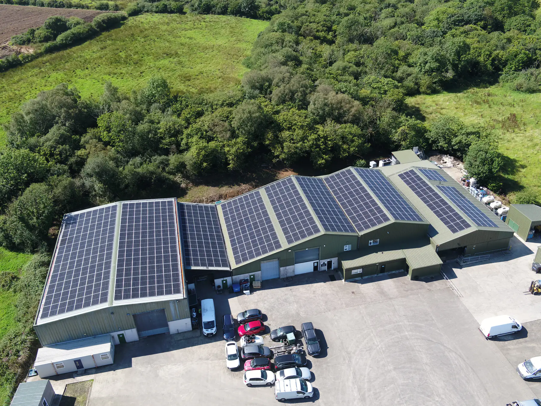 Aerial view of the solar array across Annie’s Foods’ roofs near Garvagh