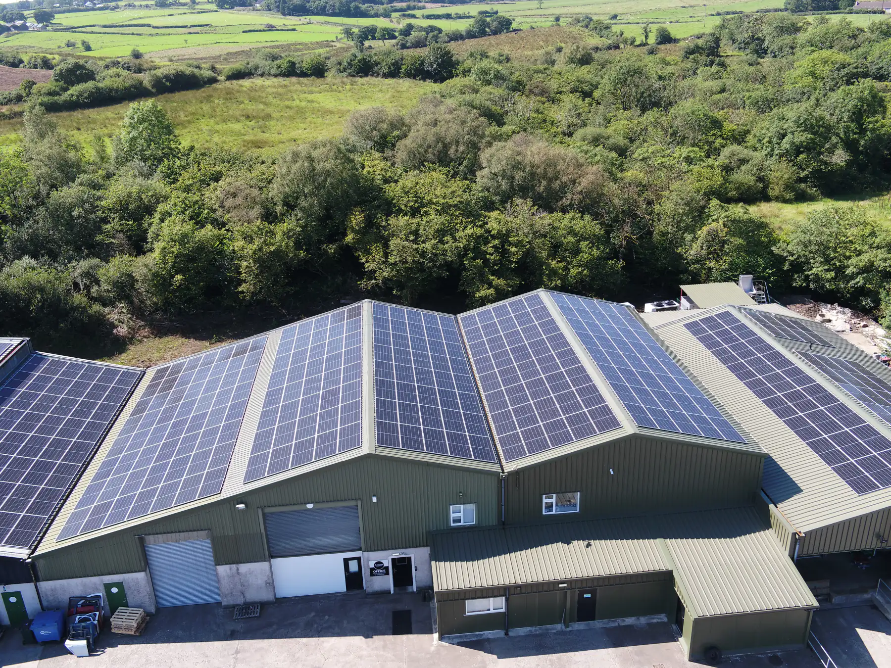 Close aerial view of solar panels on the Annie’s Foods production buildings